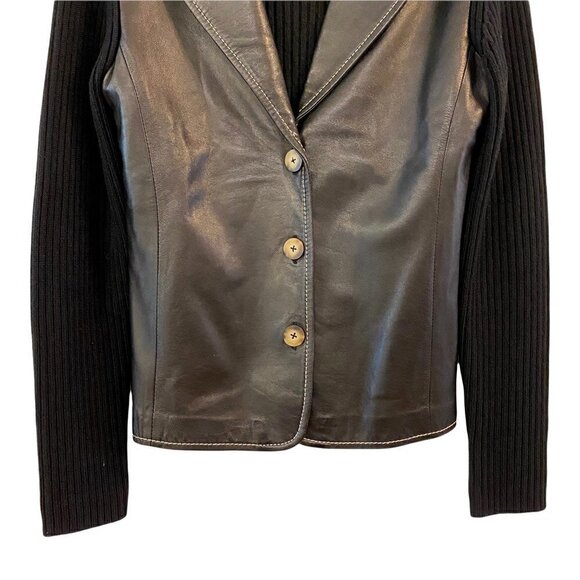 White + Warren Womens Knitted Blazer Jacket Black Lambskin Leather Button Small - Picture 3 of 7